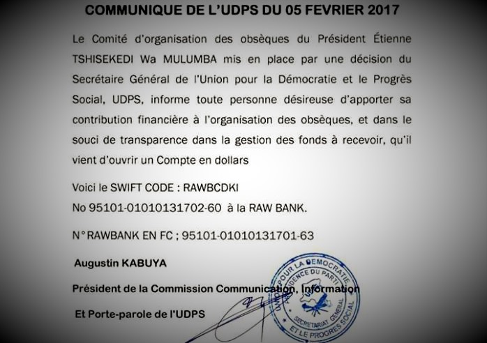 RDC : Obsèques de Tshisekedi, l’UDPS ouvre un compte à la Rawbank pour les contributions 1