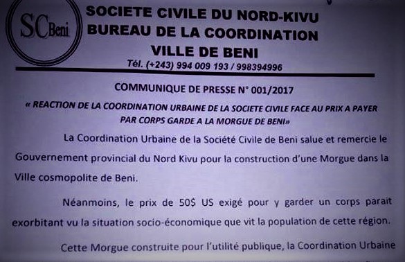 RDC : BENI, 50$ pour garder une dépouille à la Morgue jugés «exorbitants»