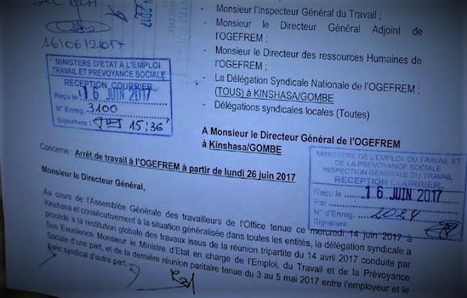 RDC : OGEFREM, l’Intersyndicale annonce l’arrêt de travail dès le 26 Juin 2017