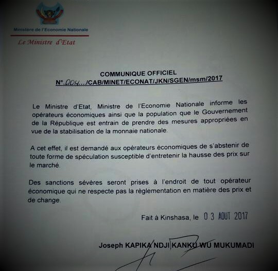 RDC : La mise en garde du Gouvernement contre la spéculation des prix et de change [Officiel]