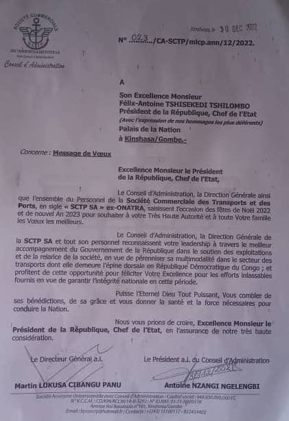 RDC message de voeux de nouvel an de la SCTP au Président Félix Antoine Tshisekedi Communication